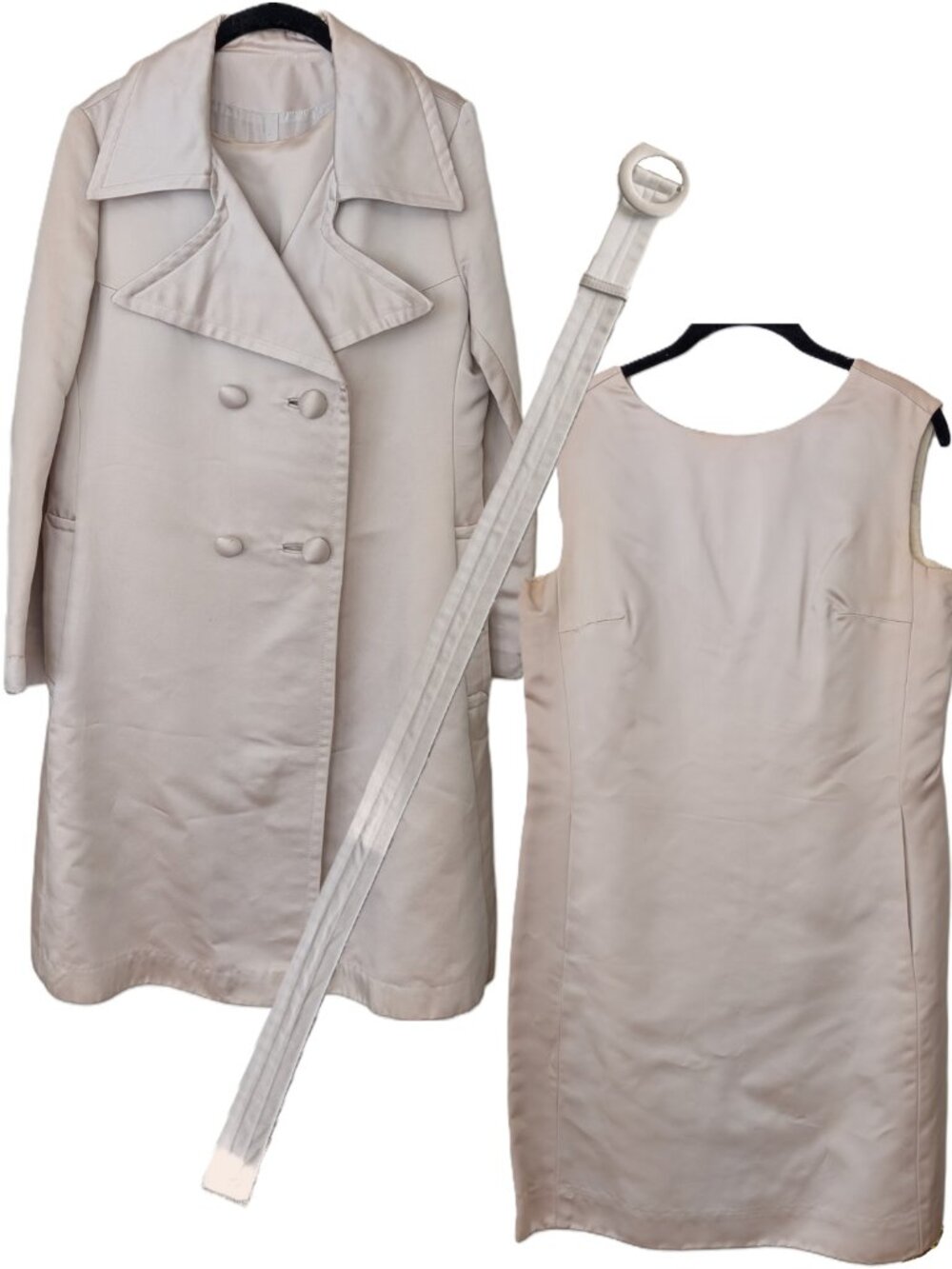 Champagne Satin 3 Piece Dress Suit Set Coat Belt V-Back Mod VTG 60s 70s